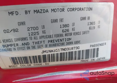 1992 Mazda Mx-5 Miata z USA, uszkodzony, nr VIN JM1NA3517N0318730